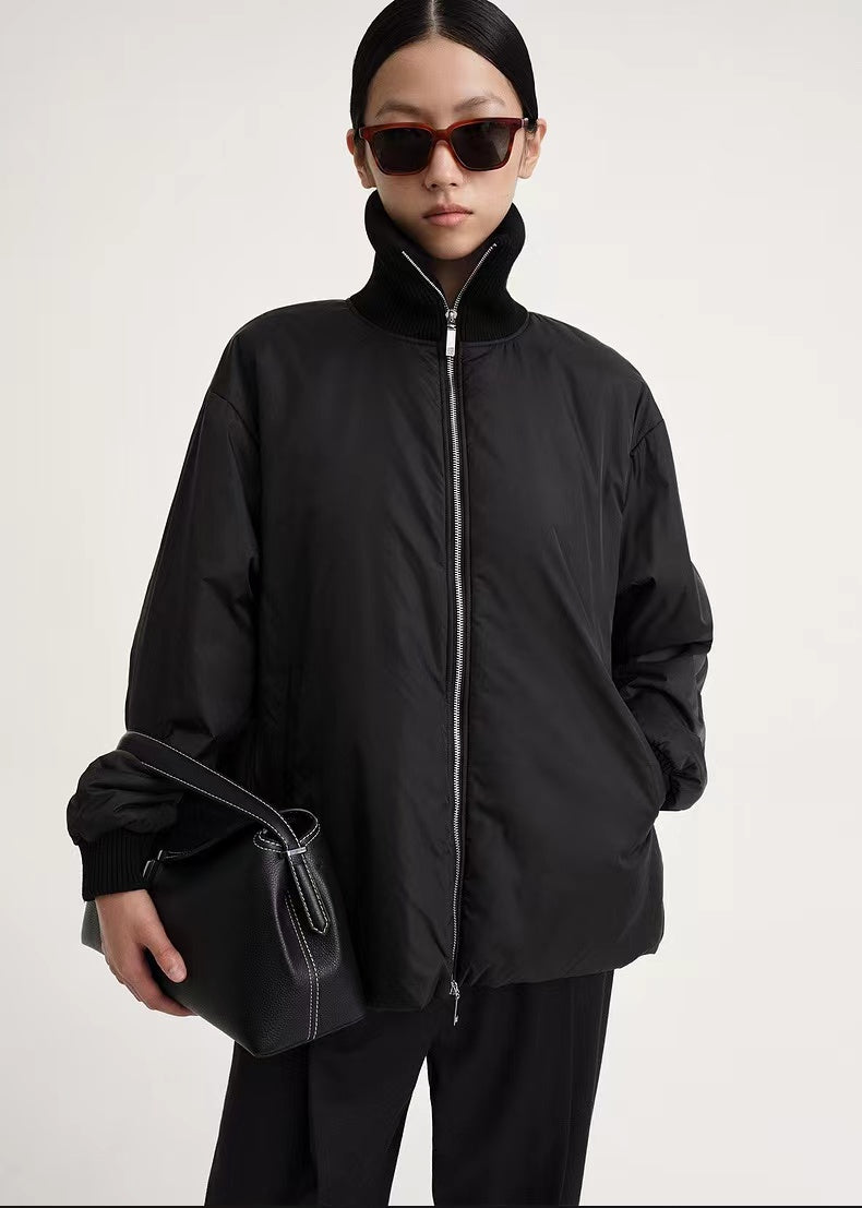 Toteme Winter Jacket Black Ribed Stand Collar Black Full Sleeve Oversize Pockets Front Zipper 2211045TT