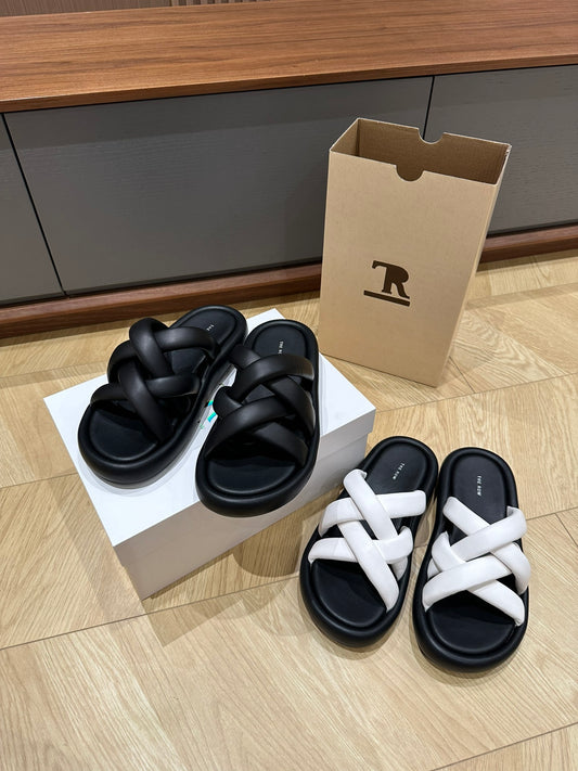 The Row Leather Slippers Black White Flat platform Roman-style Sheep Skin Casual 2505046TR