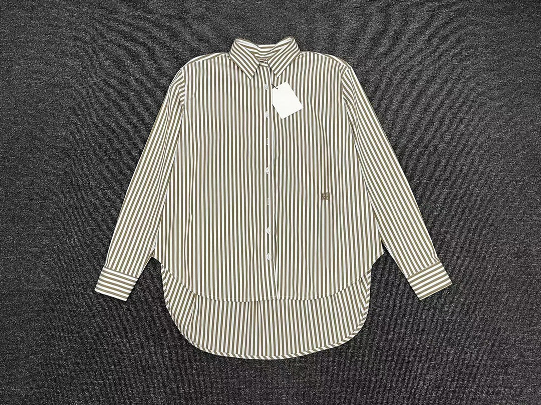 2501044TT Toteme Women Shirt Blouse Tops Cotton Stripped Light Brown Full Sleeve Oversize Front Button