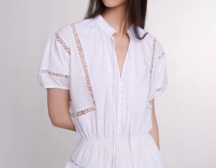 Maje cotton mini dress short sleeve white color embroidery hollow out ruffles pleated puff sleeve