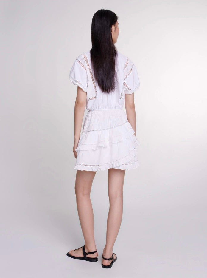 Maje cotton mini dress short sleeve white color embroidery hollow out ruffles pleated puff sleeve