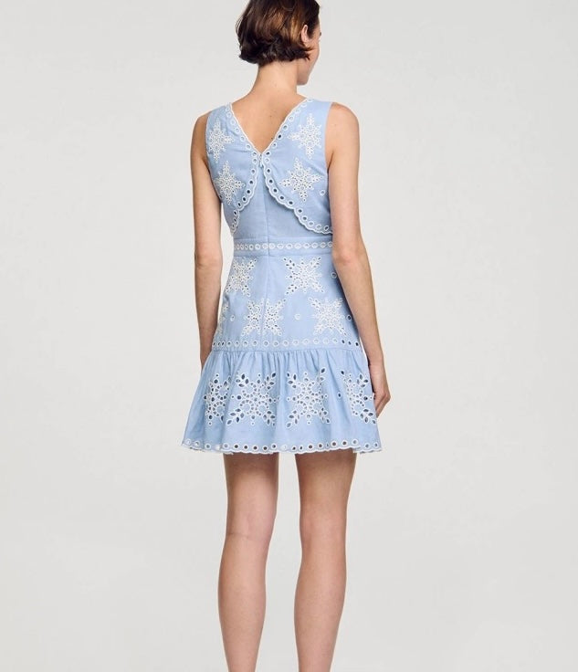 Sandro summer mini dress light blue embroidery hollow out sleeveless floral ruffles slim fit