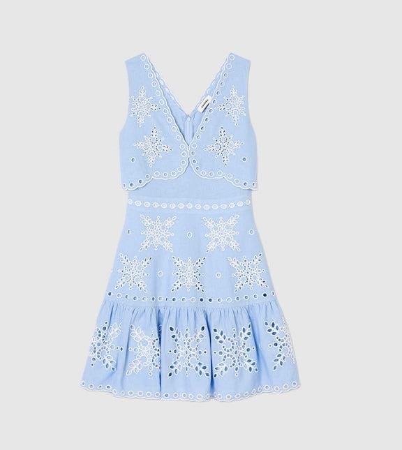 Sandro summer mini dress light blue embroidery hollow out sleeveless floral ruffles slim fit