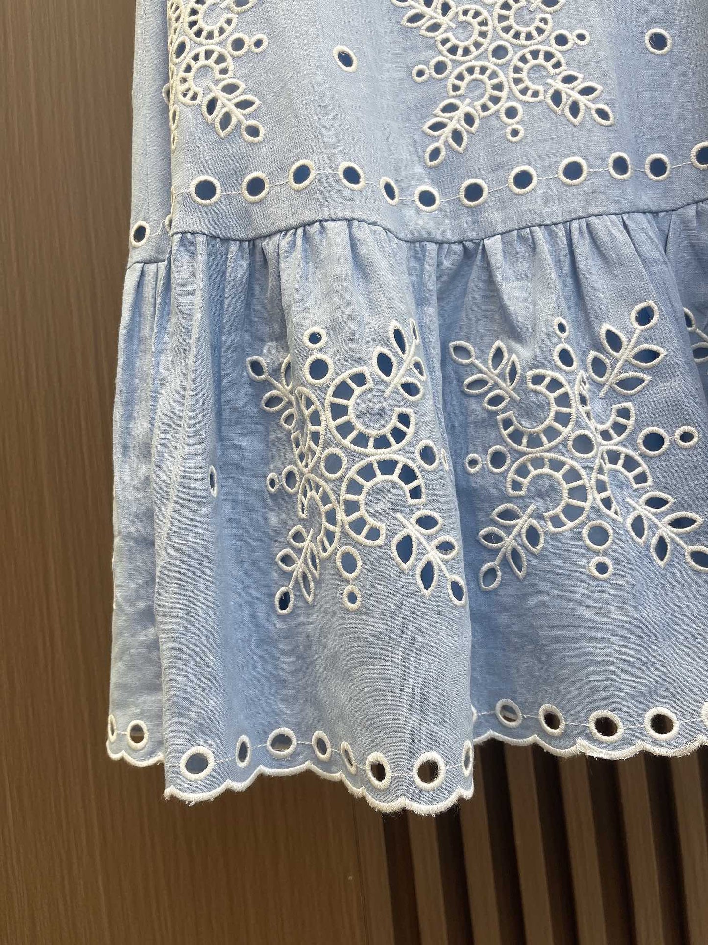 Sandro summer mini dress light blue embroidery hollow out sleeveless floral ruffles slim fit