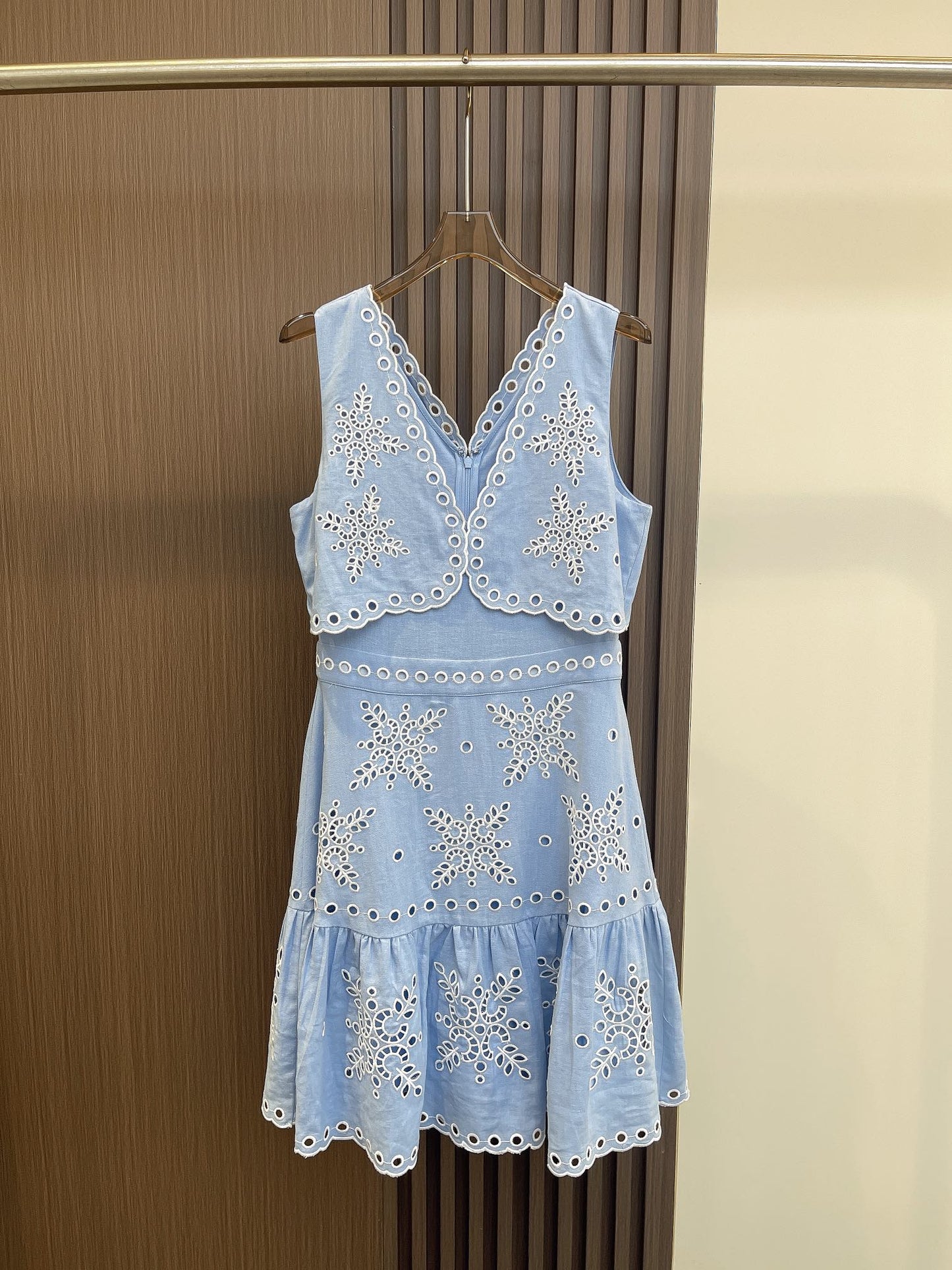 Sandro summer mini dress light blue embroidery hollow out sleeveless floral ruffles slim fit