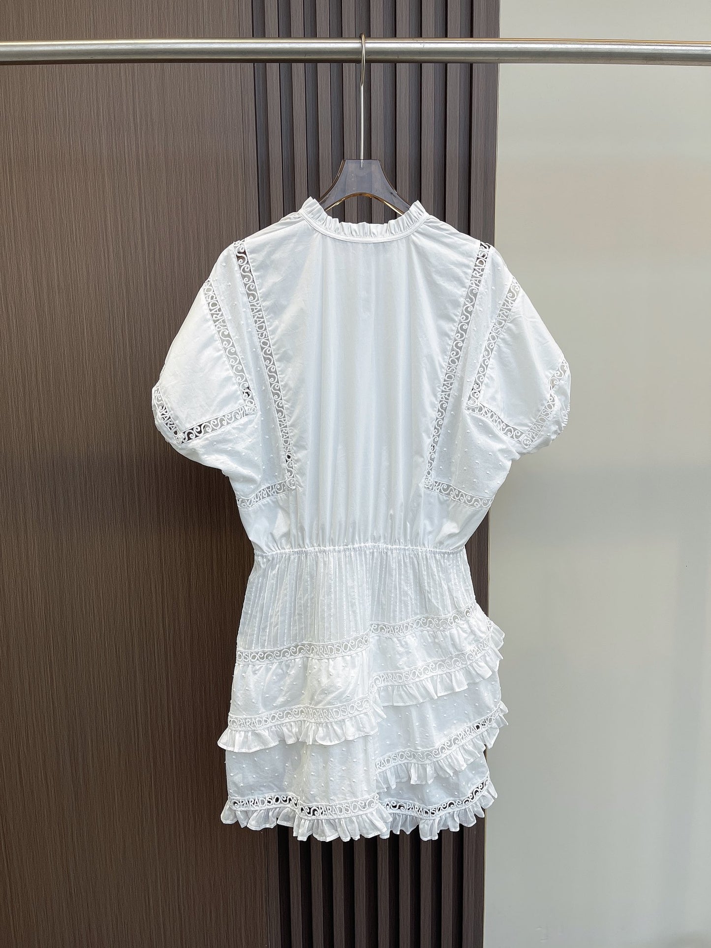 Maje cotton mini dress short sleeve white color embroidery hollow out ruffles pleated puff sleeve