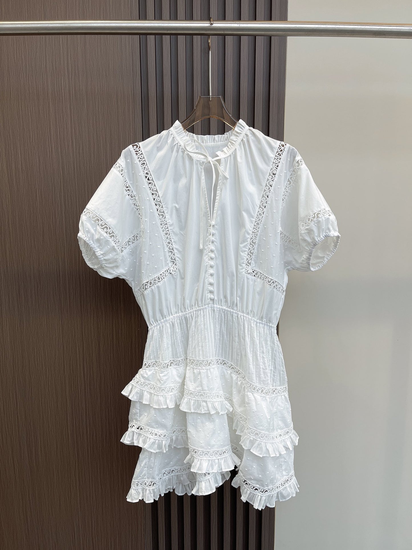 Maje cotton mini dress short sleeve white color embroidery hollow out ruffles pleated puff sleeve