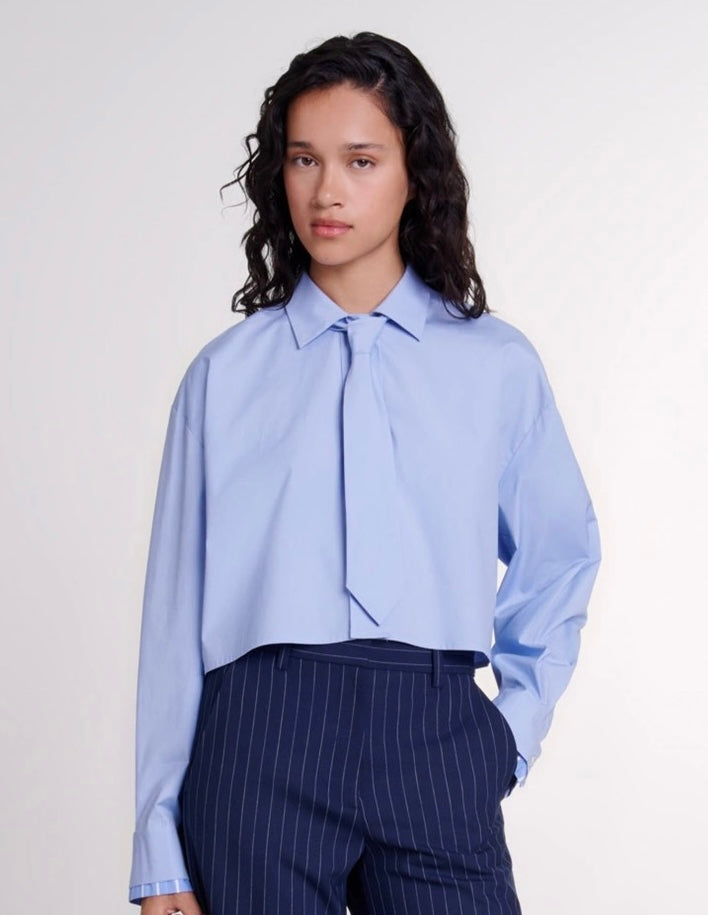 Maje Cotton Shirt Long sleeve light blue short length pearl button casual preppy style 2407023MJ