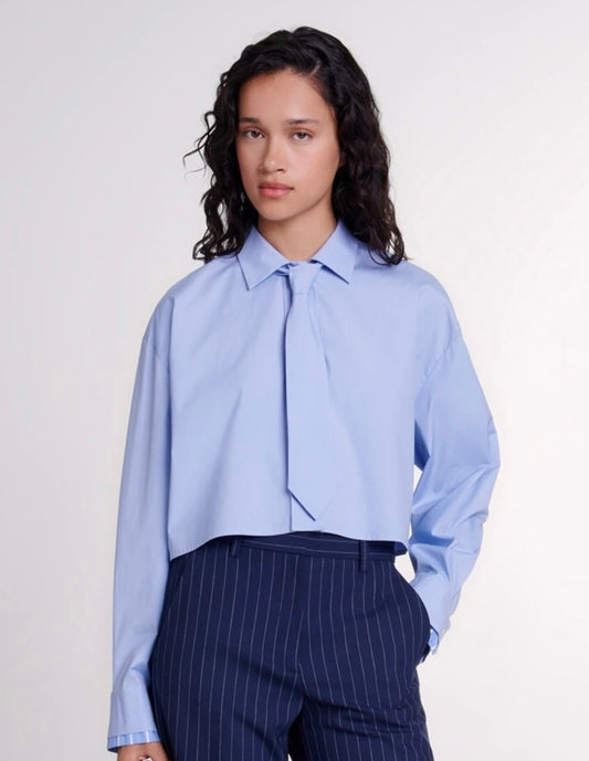 Maje Cotton Shirt Long sleeve light blue short length pearl button casual preppy style 2407023MJ