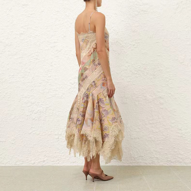 floral printed midi dress sleeveless fishtail silk-linen pink lace edge 2410003Zim