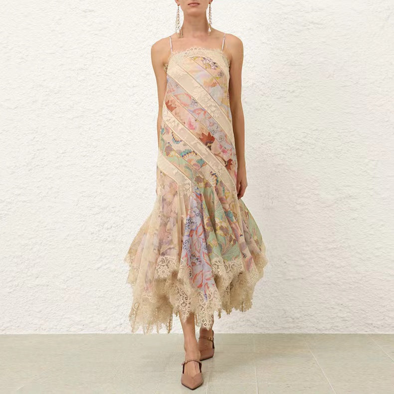 floral printed midi dress sleeveless fishtail silk-linen pink lace edge 2410003Zim