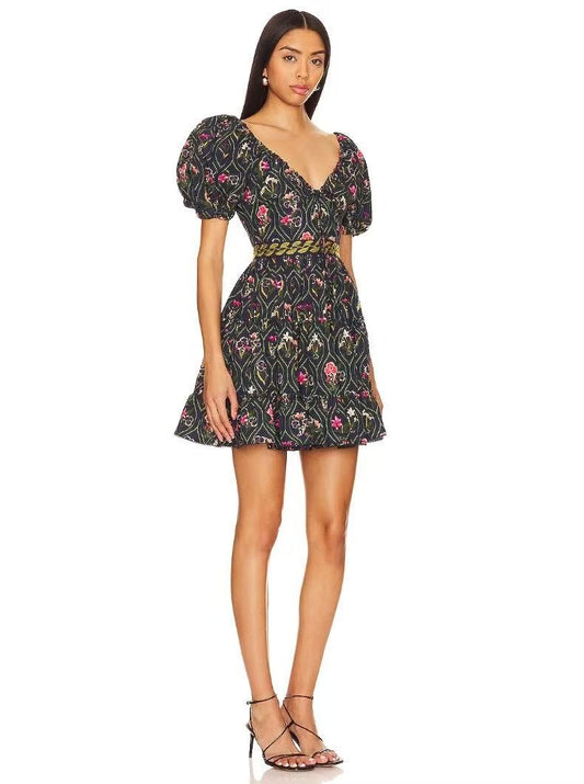 Agua Mini Dress Black Floral Print Short Puff Sleeve Embroidery High Waist A-Shape Back-zip 2503082Agu