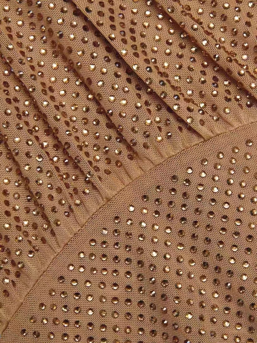 Self-Portrait rhinestone-embellished maxi dress light brown long sleeve high waist fishtail 2503037SP