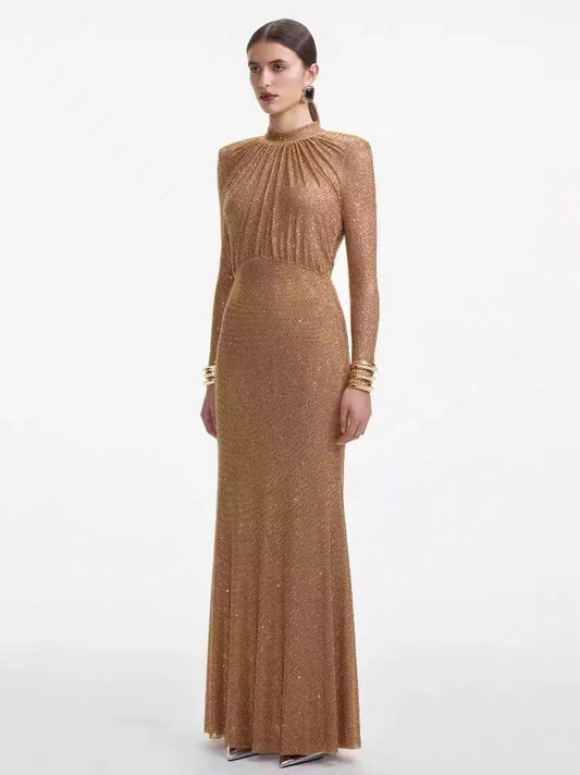 Self-Portrait rhinestone-embellished maxi dress light brown long sleeve high waist fishtail 2503037SP