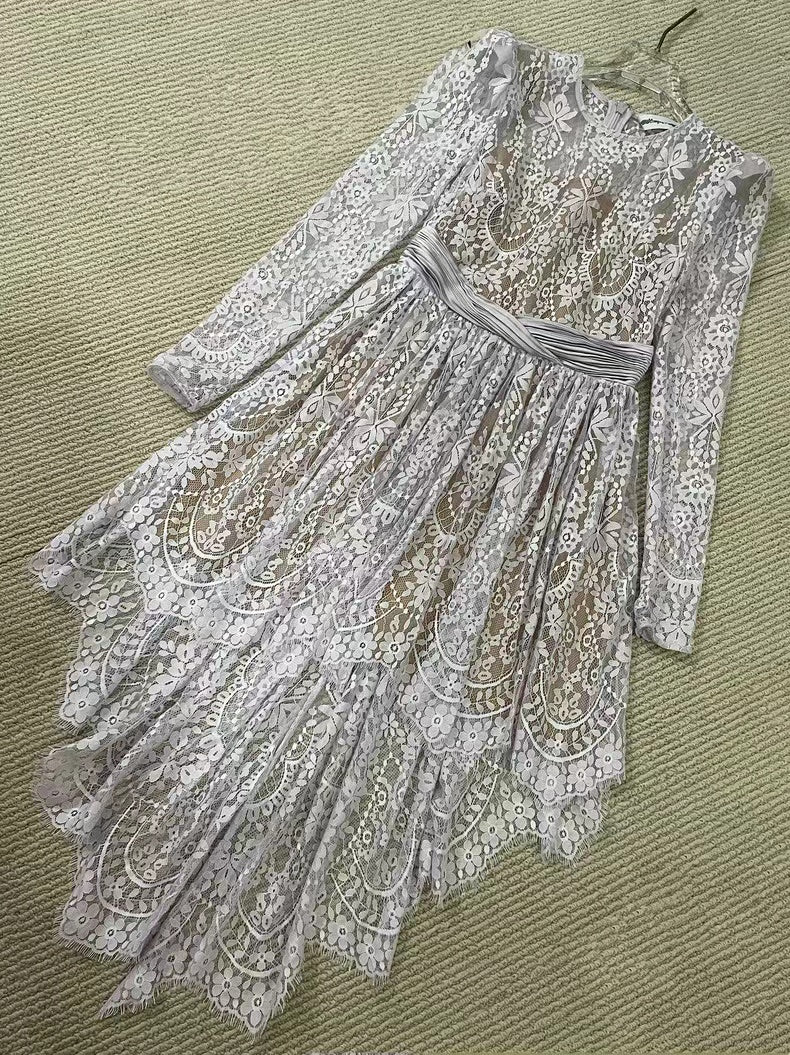 Self-Portrait Mini Dress Lavender Lace short front long back long sleeve high waist back-zip 2503033SP