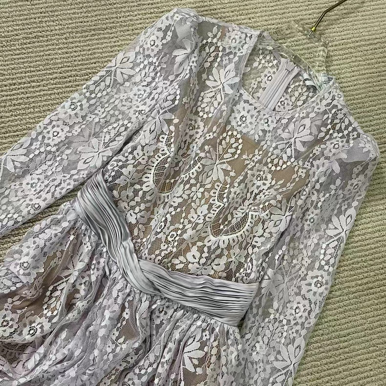 Self-Portrait Mini Dress Lavender Lace short front long back long sleeve high waist back-zip 2503033SP