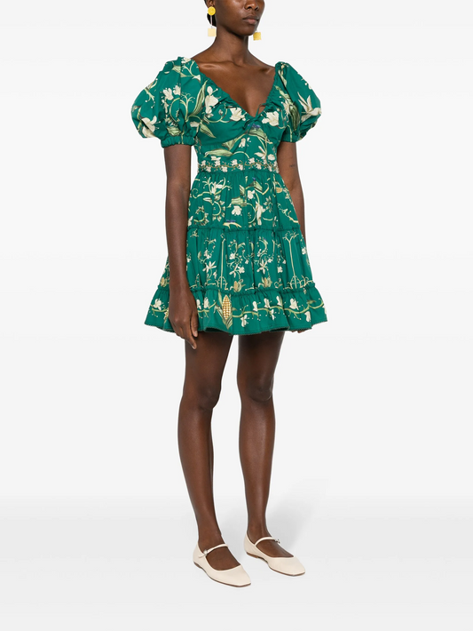 Agua Manzanilla Esmeralda floral-print dress green cotton floral print embroidery ruffled 2503083Agu