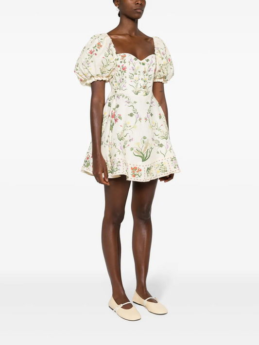Agua Vuelo Cultivo linen dress beige linen floral print decorative button sweetheart neck short puff sleeves 2504182AGU