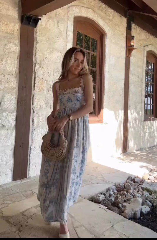 Agua Midi Slip Dress Slip Sleeveless Light Blue Floral Print Linen Rear-Zip Beading 2508078Agua