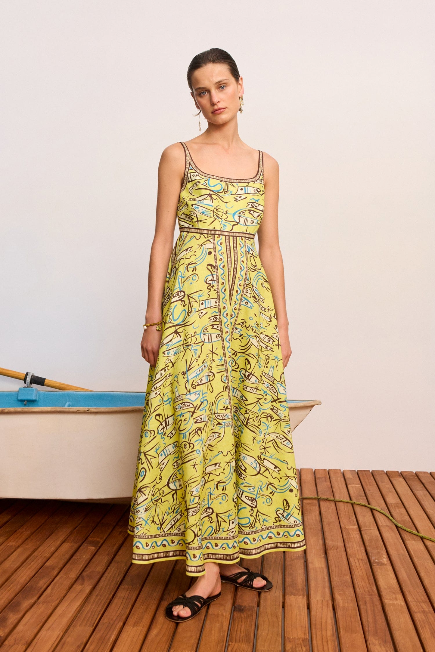 Alemais Yellow Abstract Sea Print Spaghetti Strap Maxi Dress Soft Linen Vacation Attire 2609025AL