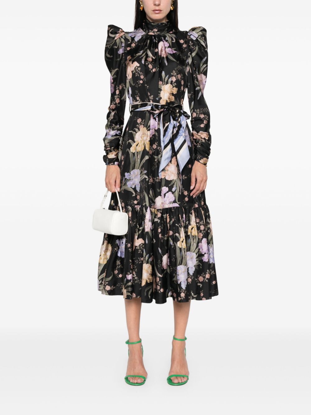 Pre-sell floral-print midi dress black silk satin mutton ruched sleeves high neck 2409055Zim