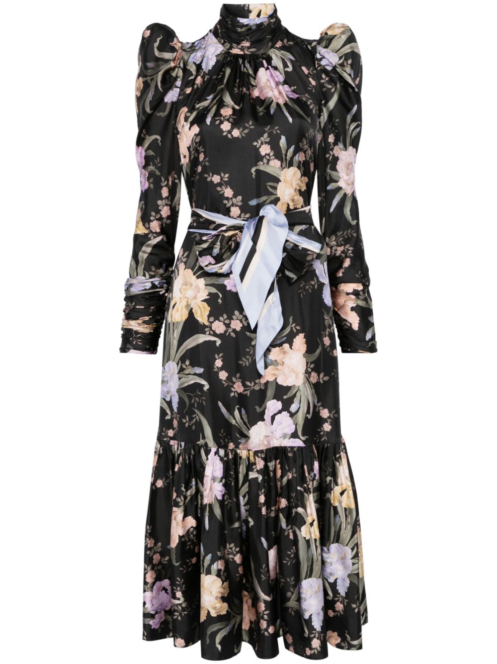 Pre-sell floral-print midi dress black silk satin mutton ruched sleeves high neck 2409055Zim