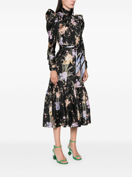 Pre-sell floral-print midi dress black silk satin mutton ruched sleeves high neck 2409055Zim