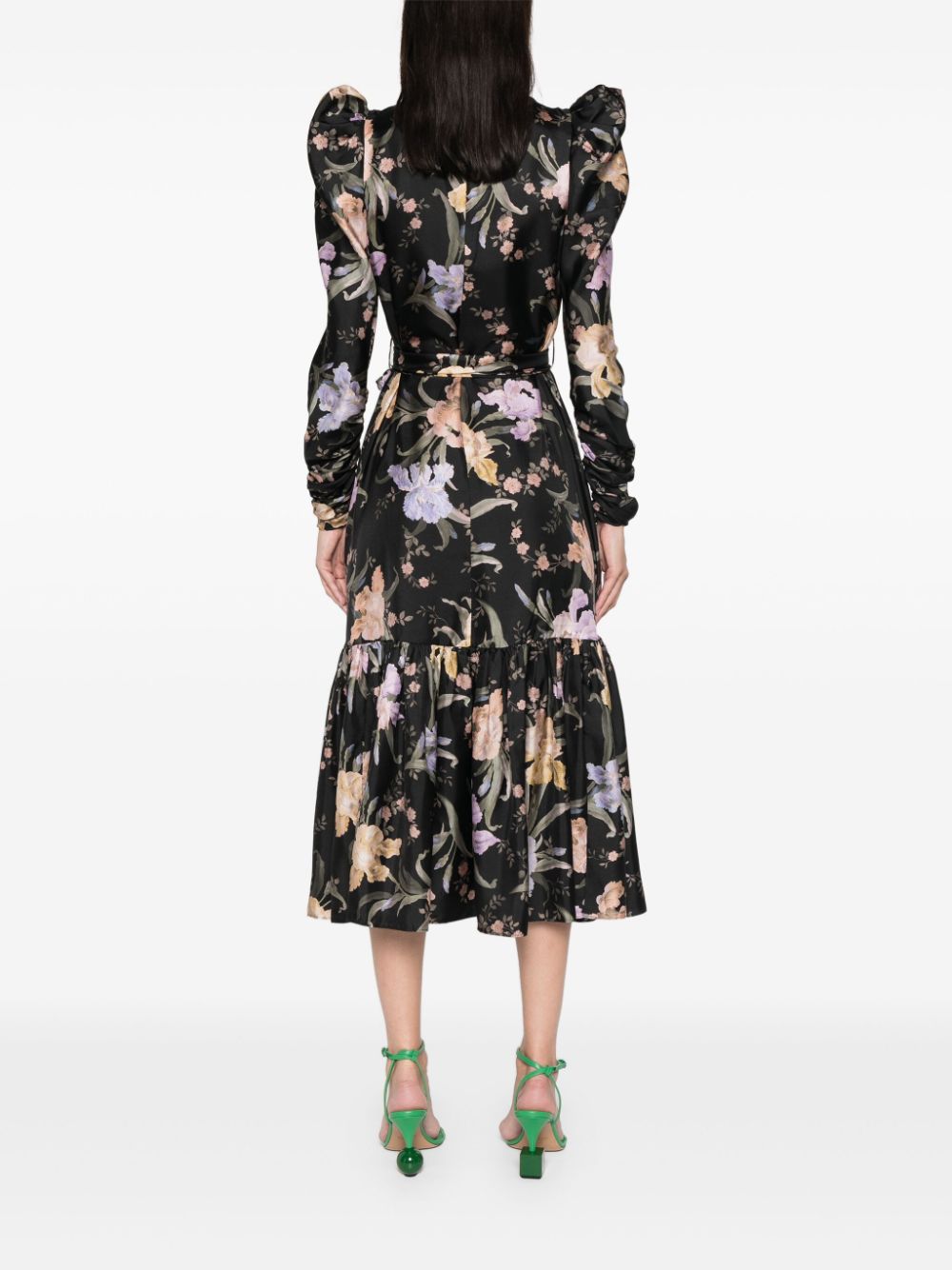 Pre-sell floral-print midi dress black silk satin mutton ruched sleeves high neck 2409055Zim