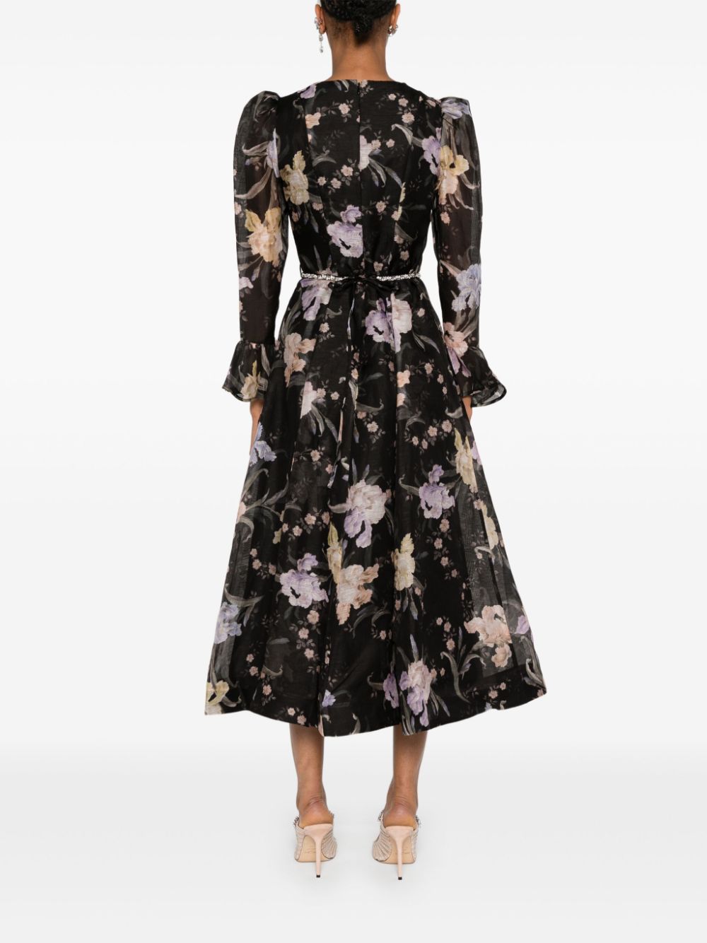 Pre-sell Eden midi dress black linen blend floral print V-neck long puff sleeves 2409059Zim