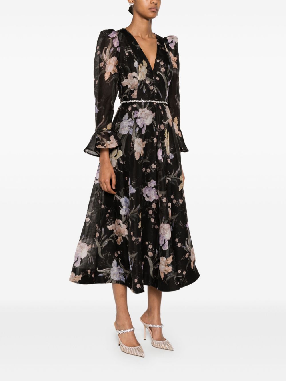 Pre-sell Eden midi dress black linen blend floral print V-neck long puff sleeves 2409059Zim