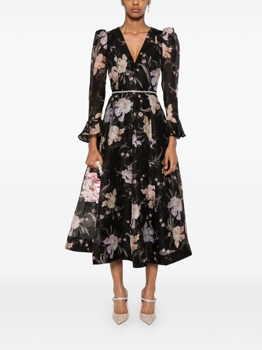 Pre-sell Eden midi dress black linen blend floral print V-neck long puff sleeves 2409059Zim