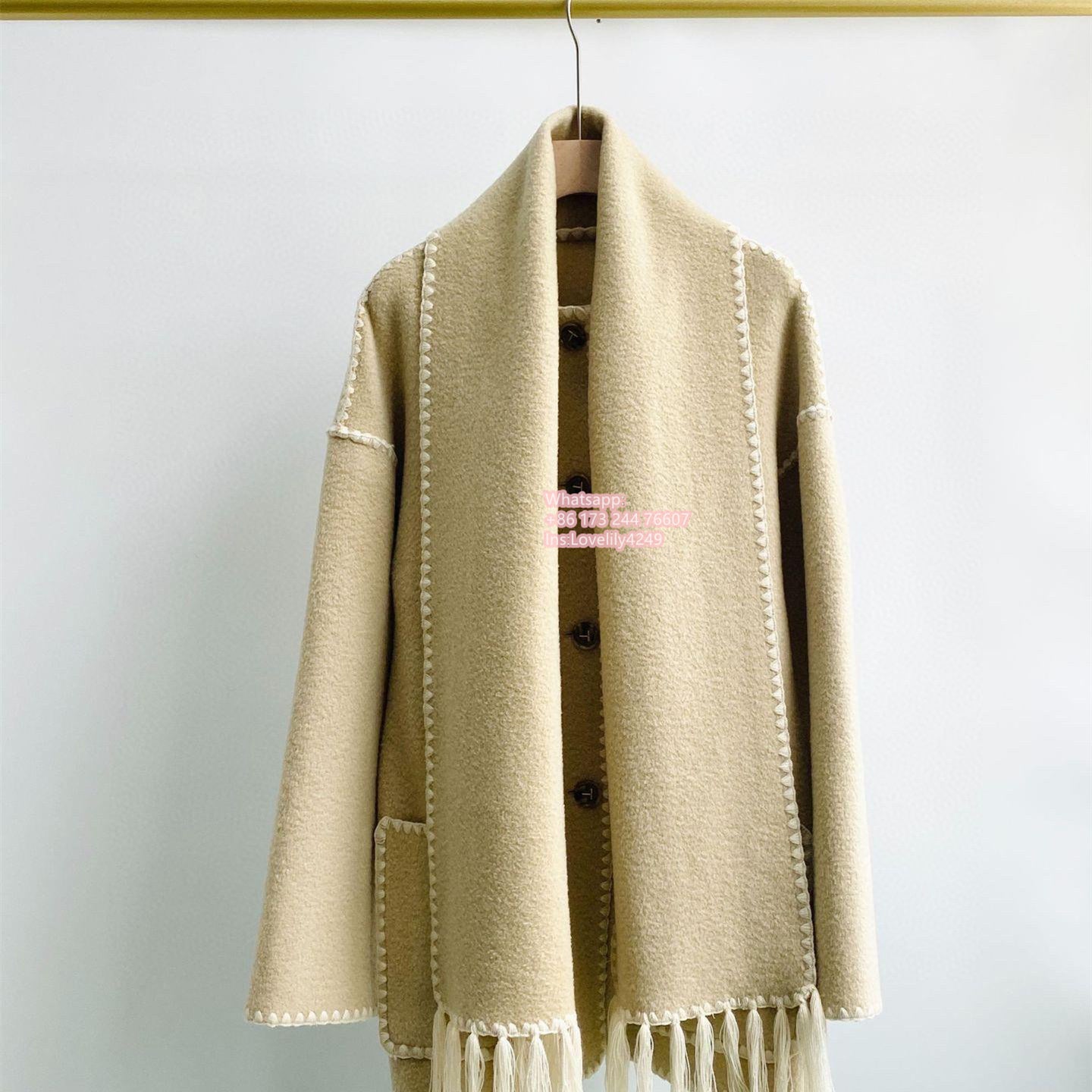 Toteme scarf collar jacket woolen beige color tassel pocket split winter coat oversize 2208112T