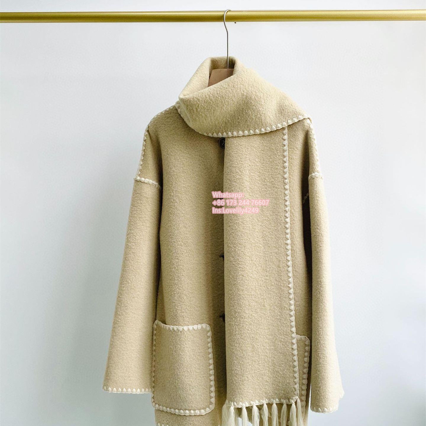 Toteme scarf collar jacket woolen beige color tassel pocket split winter coat oversize 2208112T