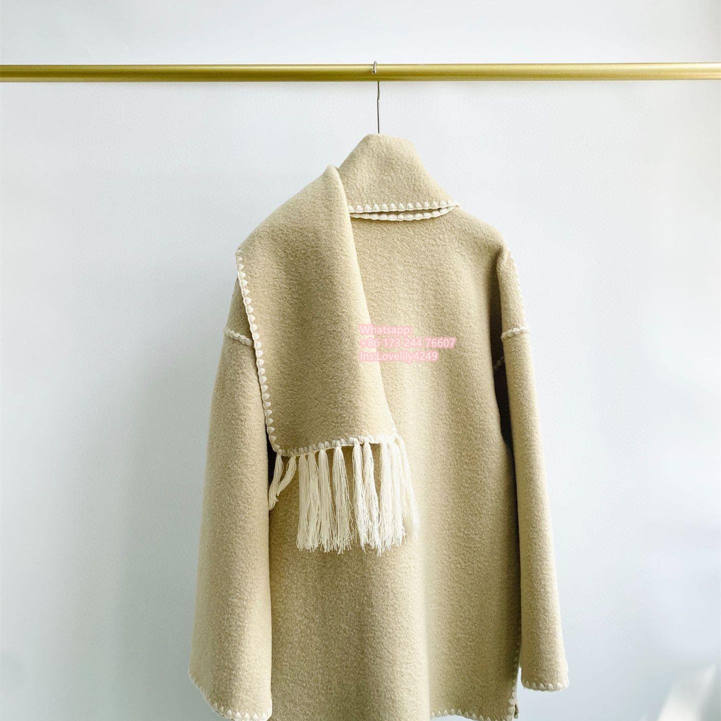 Toteme scarf collar jacket woolen beige color tassel pocket split winter coat oversize 2208112T