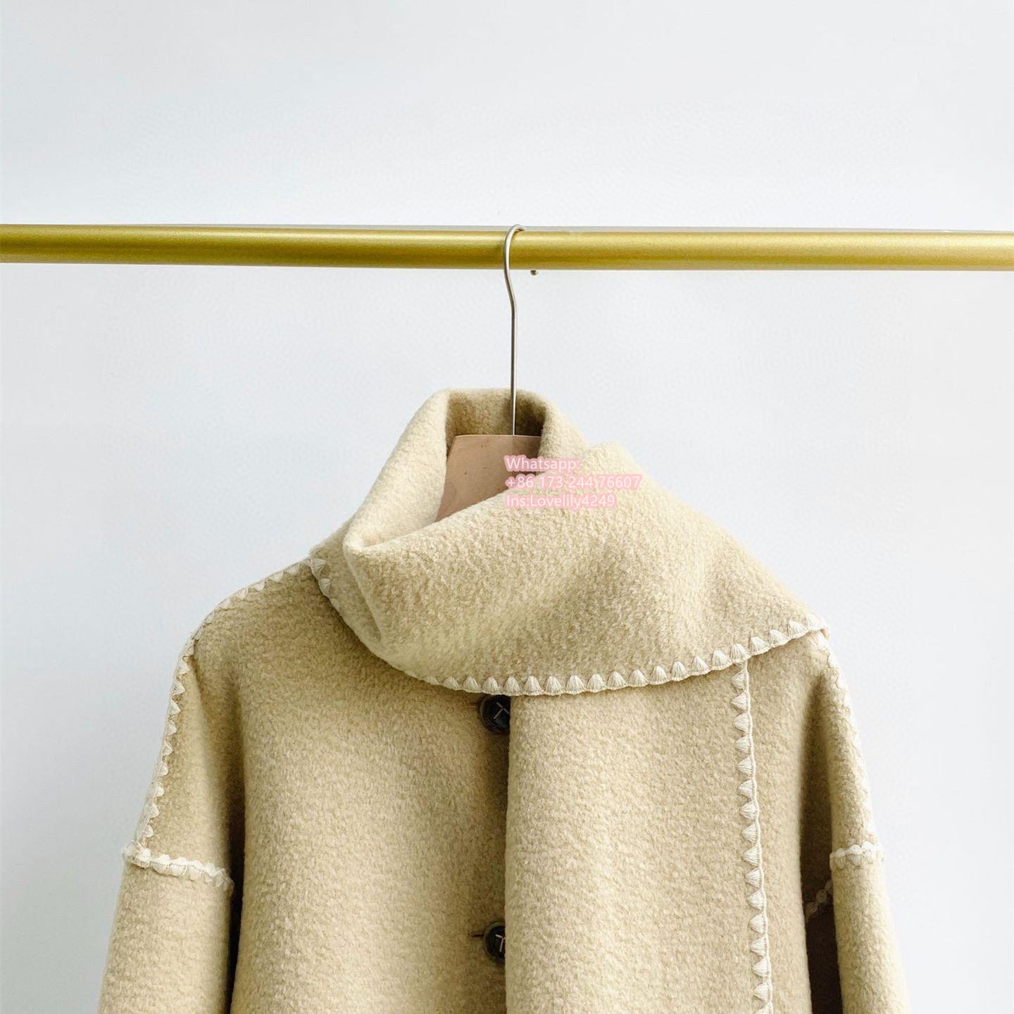 Toteme scarf collar jacket woolen beige color tassel pocket split winter coat oversize 2208112T