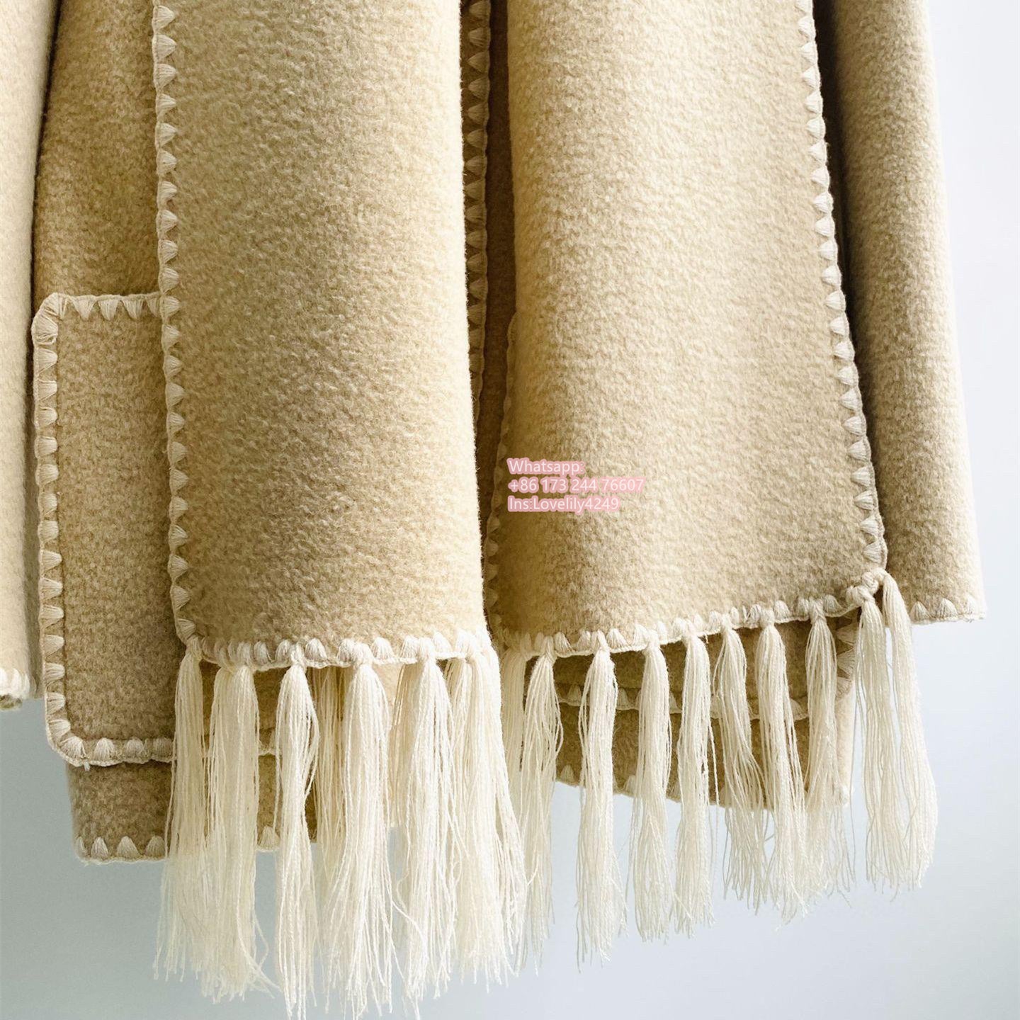 Toteme scarf collar jacket woolen beige color tassel pocket split winter coat oversize 2208112T