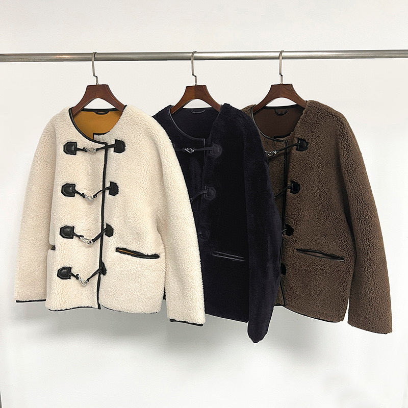 Toteme winter jacket coat artificial fur multi color metal buckle long sleeve o-neck 2211030TT