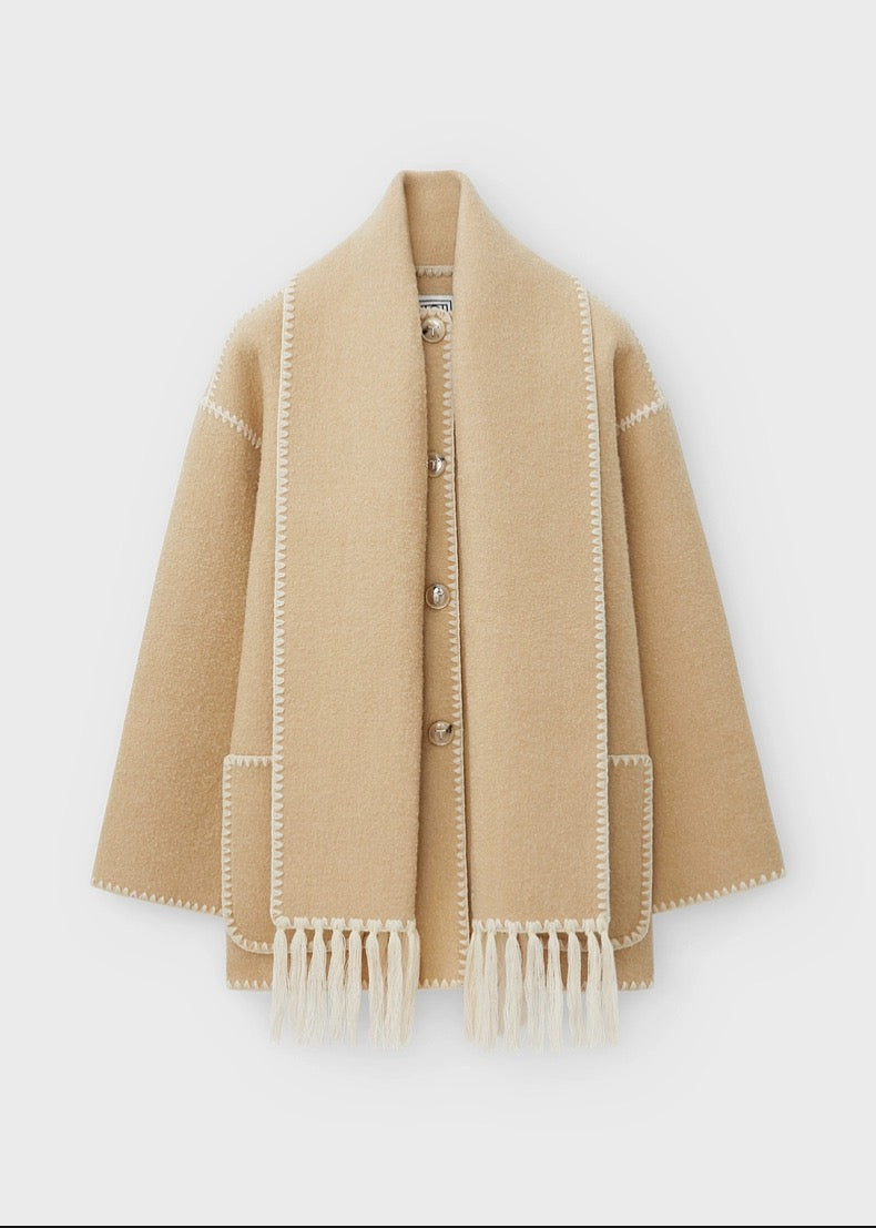 Toteme scarf collar jacket woolen beige color tassel pocket split winter coat oversize 2208112T