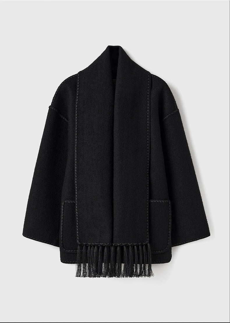 Toteme scarf collar jacket woolen black tassel pocket split winter coat oversize 2208112T