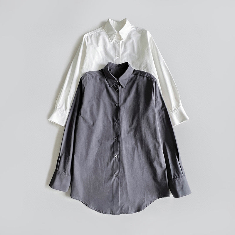 The Row long sleeve blouse shirt cotton gray white oversize front button solid color 2401001TR