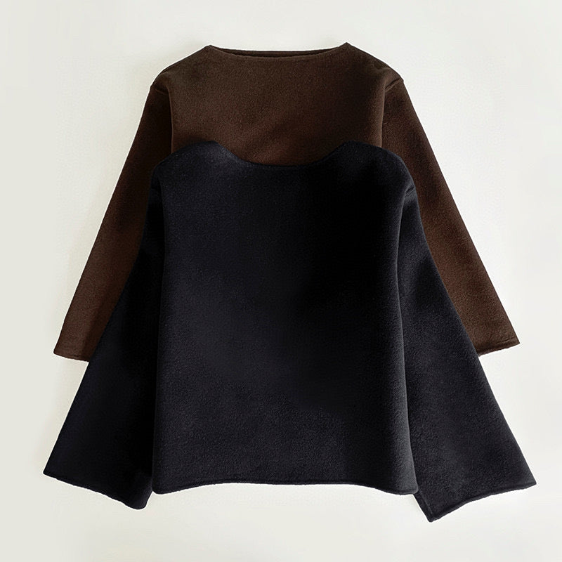 Toteme double-side woolen top brown black wool slash neck long flair sleeve short length 2311019TT