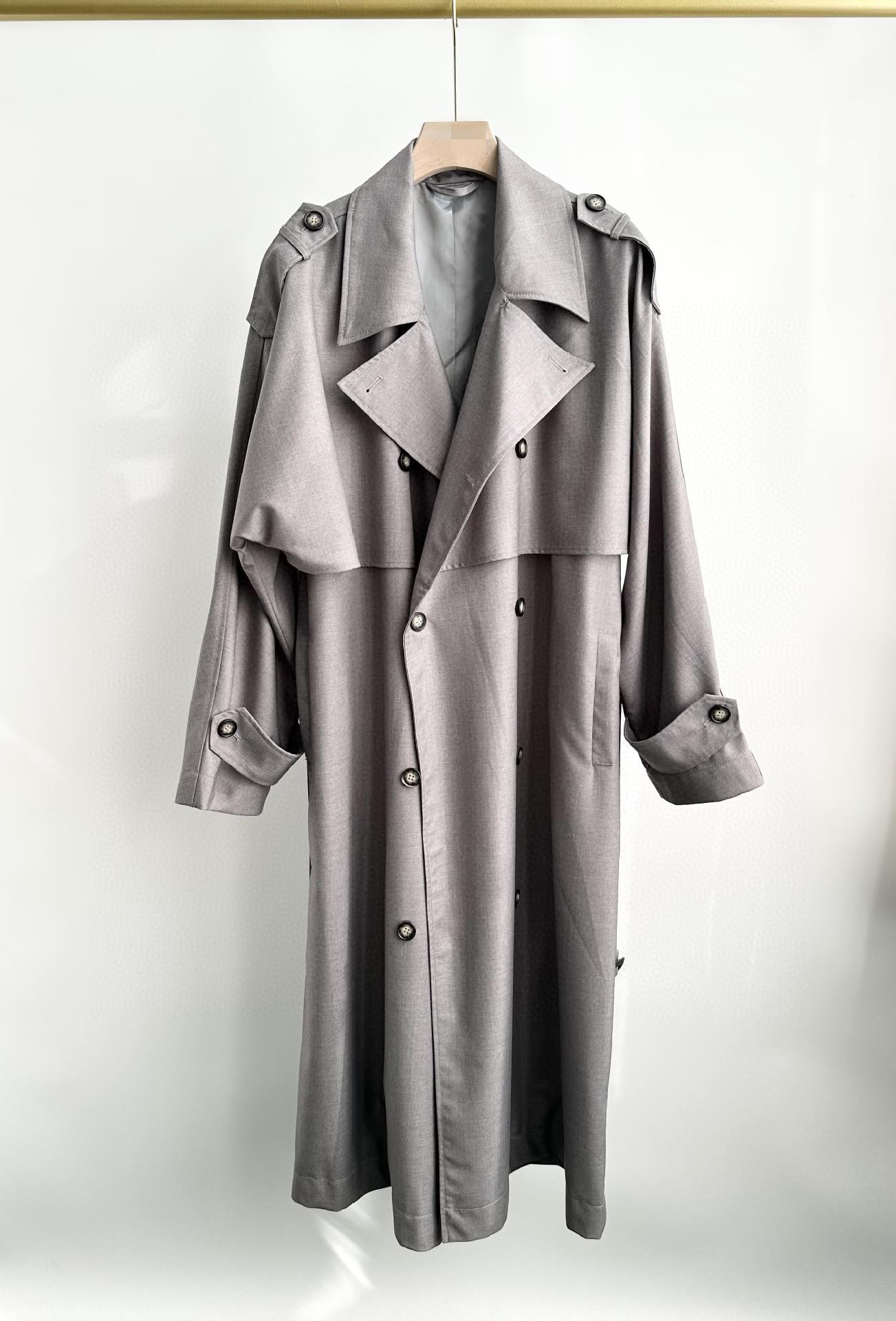 Toteme Wool Trench Midi Coat Gray Detachable Belt Front Button Oversize Belted-Culf 2210015TT