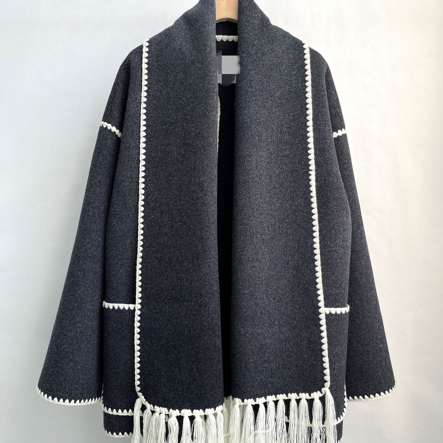 Toteme Women Oversized Scarf‑Attached Coat Contrast Stitching Tassel Wool Outerwear 2208112TT