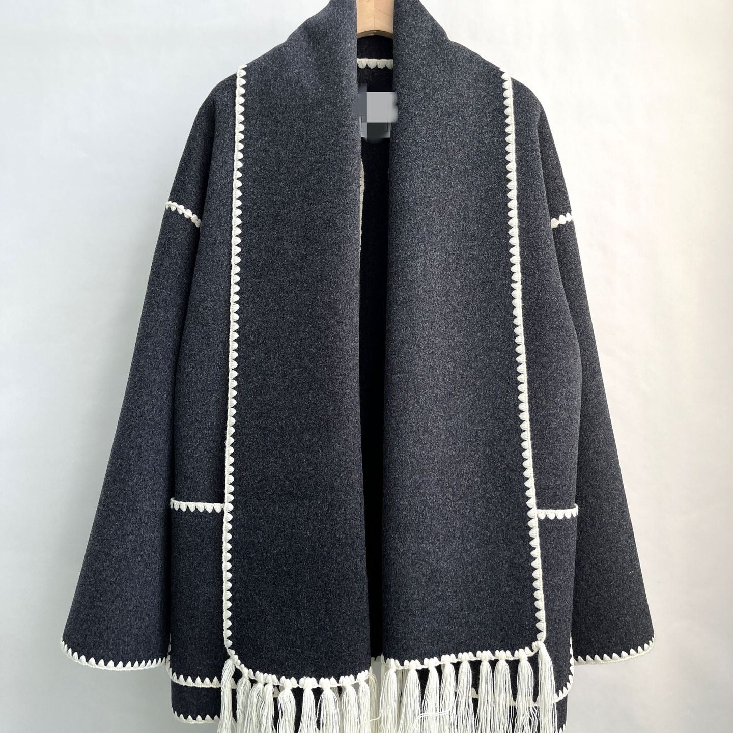 Toteme scarf collar jacket woolen dark gray tassel pocket split winter coat oversize 2208112TT