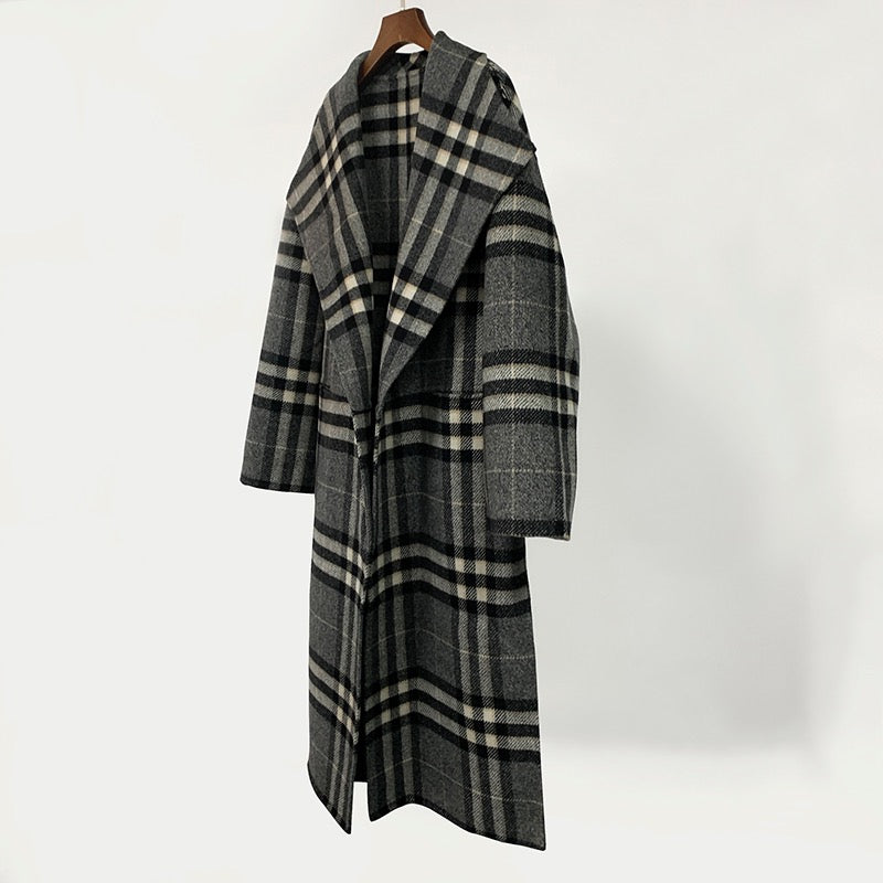 Toteme woolen coat jacket winter grid gray oversize midi length straight shape turn-down collar 2110004TTM