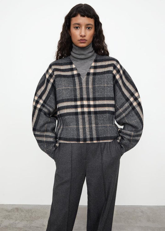 Toteme v-neck winter pullover gray grid oversize long sleeve straigt heim wool women top 2111002TTM