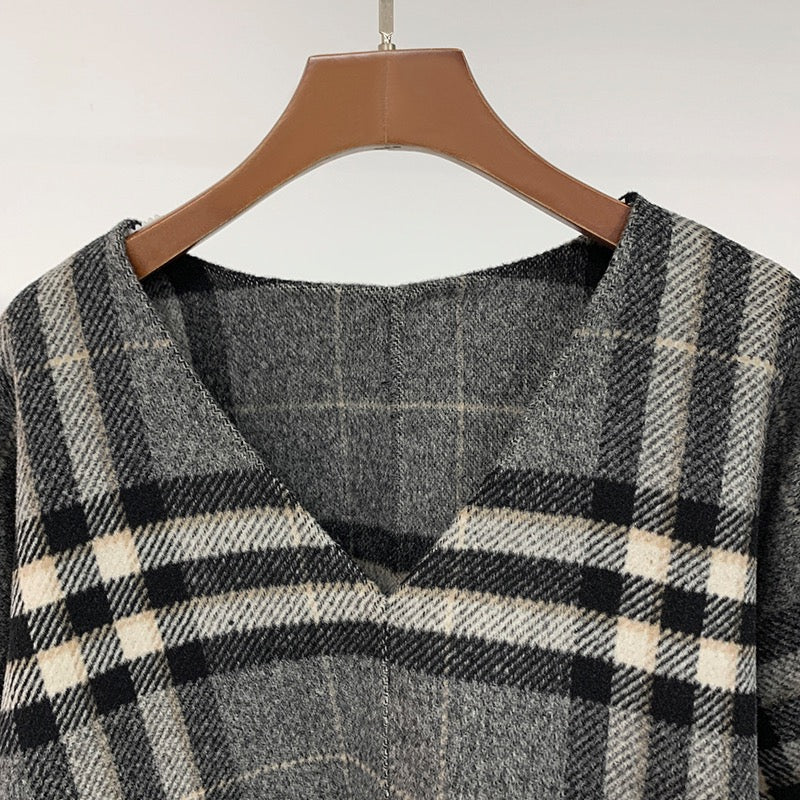 Toteme v-neck winter pullover gray grid oversize long sleeve straigt heim wool women top 2111002TTM