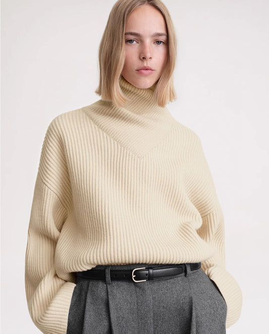 Toteme Winter Sweater Stand  Neck Knit Pullover Wool Khaki Dark Blue Flare Long Sleeve Loose 2310017TT