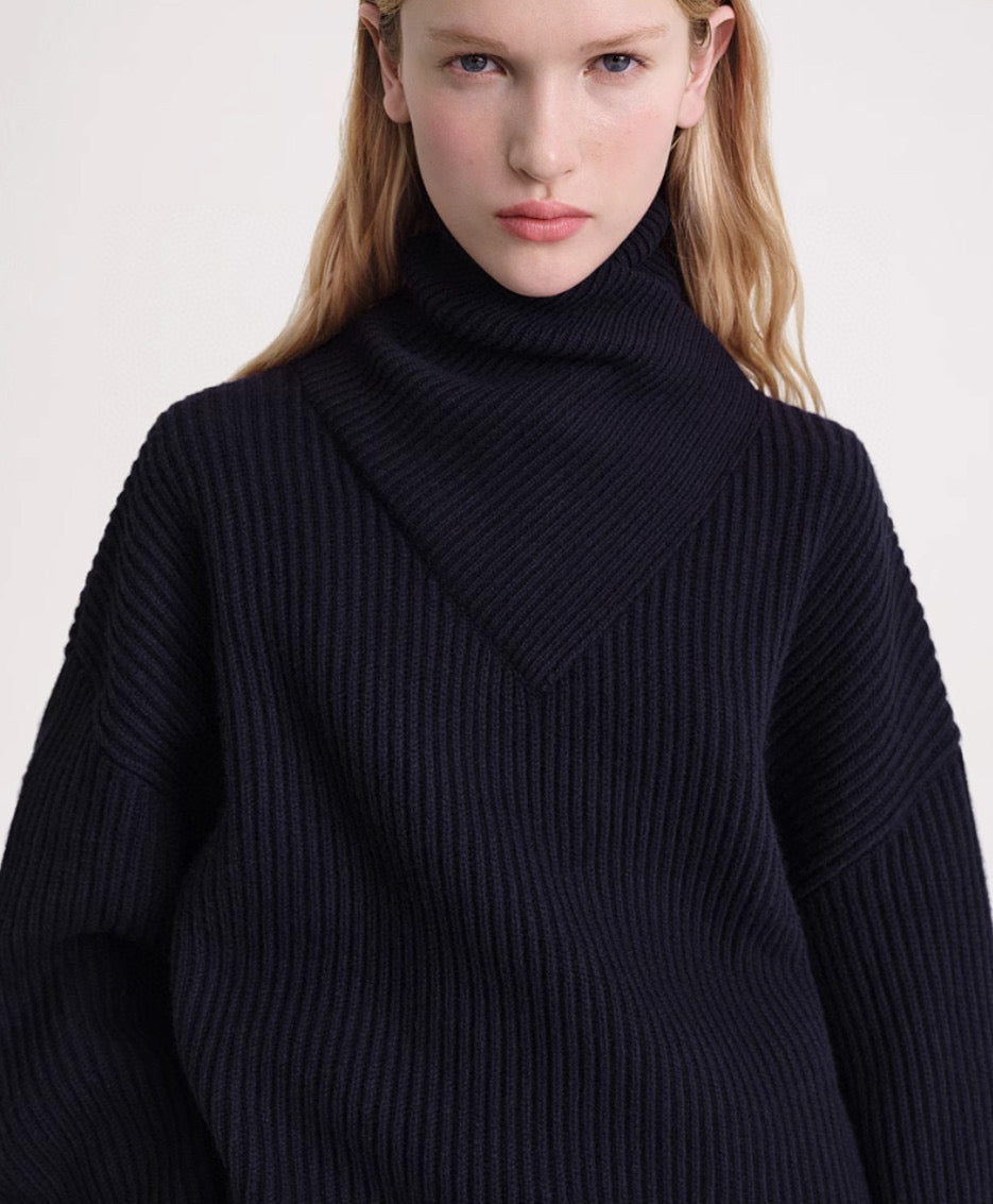 Toteme Winter Sweater Stand  Neck Knit Pullover Wool Khaki Dark Blue Flare Long Sleeve Loose 2310017TT