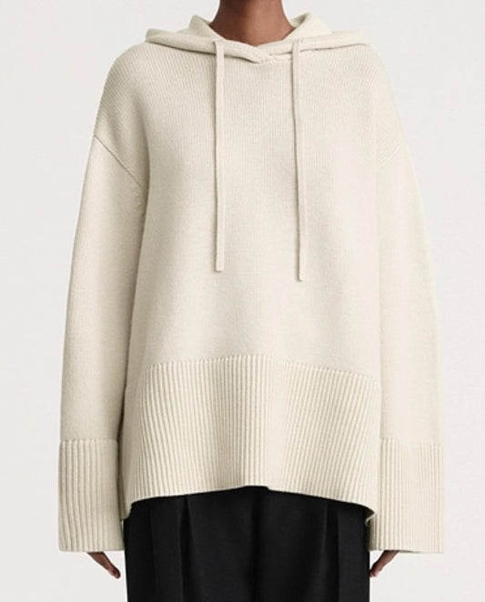 Toteme knitted drawstring hoodie long sleeves wool ribbed trim beige darkgray minimalist 2310029TT